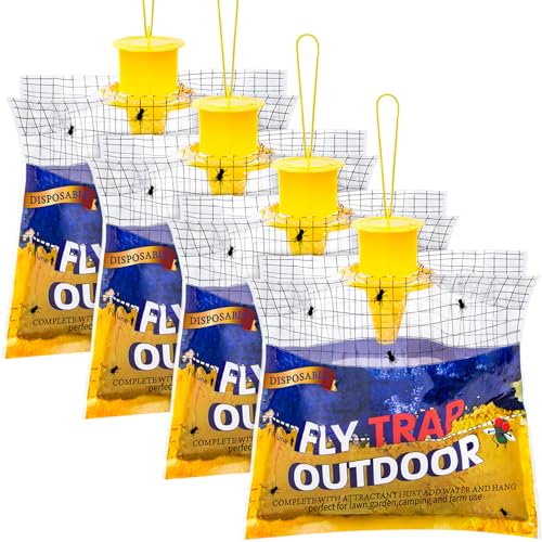 Fly Traps Outdoor Hanging for Patio, 4 Pre-Baited Flies Bags Disposable | Flies Catcher Repellent, Reusable Stable Horse Ranch Trapper Outdoor Hanging Fly Killer Helps Control Flies - size: 4 pack1