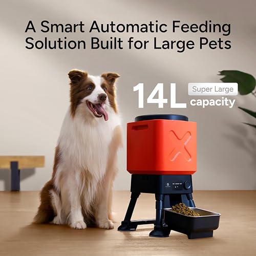 14L Automatic Dog Feeder for Large Breed – Extra Large Capacity, Anti-Blockage, Timed Auto Dog Food Dispenser, Dual Power Supply, Stainless Steel Bowl - color: Red with Basic