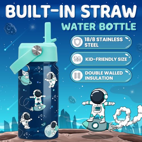 SANDJEST Astronaut Water Bottle - Kids Water Bottle with Straw Lid - 12 Oz Insulated Stainless Steel Water Bottles for Kid Boys - Travel Cup for School Sports - color: Astronaut