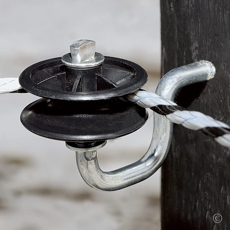 Premier 1 Rotating Wood Post Insulators for Electric Fence | Package of 10 | Allows conductors to flow around corners as tension changes. 2" zinc-plated shaft. Screws to wood posts or trees. Black HDPE.
