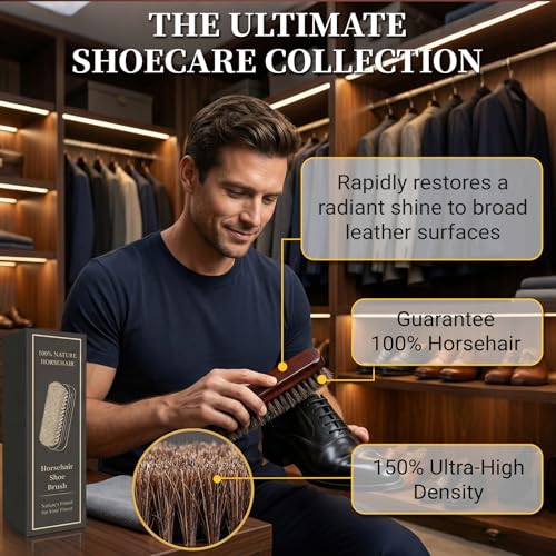 100% 7in Horsehair Shoe Brush Horse Hair Brush for Leather Boots Cleaning Polishing Buffing Shining Professional Shoe Shine Brush for Sneakers Jackets Sofas Bags Furniture Car Seats Leather Care Tool