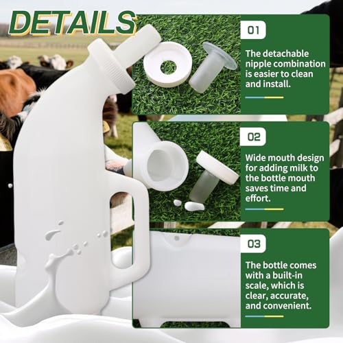 2.64 Quart High-Capacity Horizontal Milk Bottle Calf Feeder Bottles with Handle and Silicone Nipple，Farm Cow Milk Feeder, Livestock Supplies (White)
