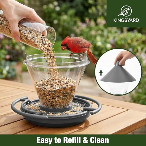 Kingsyard Wild Bird Feeder for Outdoors Hanging | No-Spill Seed Tray, Circular Perch with 360° Feeding, 4 lb Large Capacity, Attracts Cardinals Finches Chickadees, Grey - color: Gray