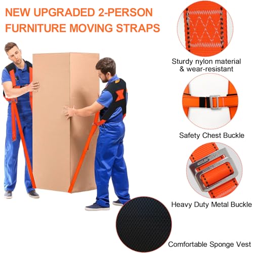 Shoulder Furniture Moving Straps Chest Buckle and 1-Person Lifting Strap | 2-Person Moving Straps Adjustable Easily Lifting and Moving for Mattresses Appliances Heavy Object Up To 1200LBS - color: Orange-2Person Straps