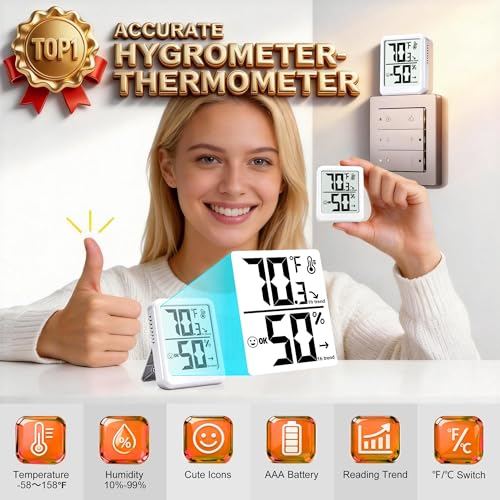 Room Thermometer Indoor Hygrometer Digital Humidity Meter | Accurate Sensor, Fast Refresh, Big Digits, Easy to View, ℉/℃, w/ AAA Battery, Compact for Home, Office, Pet, Plant - color: White - Upgraded Version, size: 1 - Pack