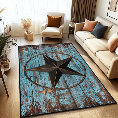 Western Area Rug 5x7,Rustic Barn Texas Star on Old Wooden Plank,Teal Rugs for Living Room,Ultra-Thin Washable Throw Carpet Indoor Non Slip Accent Floor Mats for Bedroom,Dining Room,Laundry Room,Office - size: 5'x7'