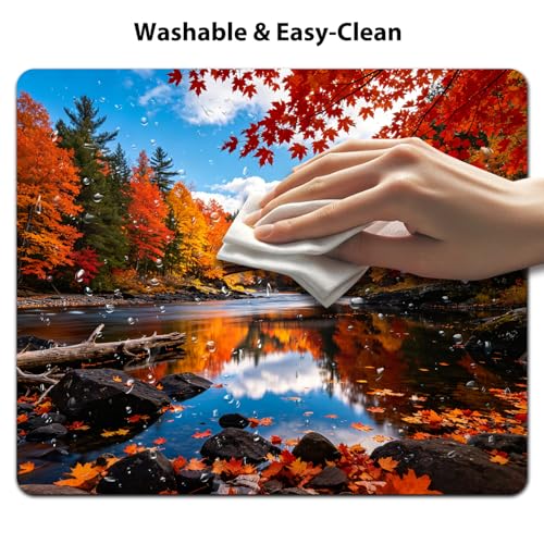 Autumn Forest River with Bridge Mouse Pad 9.5" x 7.9", Red Yellow Fall Maple Leaves Cute Desk Mat, Scenic Landscape - color: Autumn Scenery