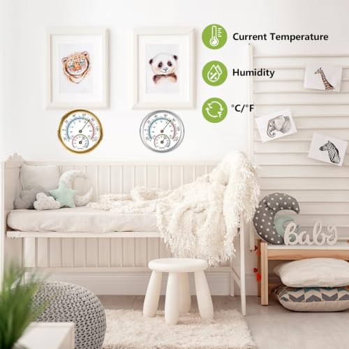 Indoor Thermometer Hygrometer Mini Analog 2 in 1 Temperature Humidity Outdoor Monitor Gauge for Home, Offices, Wall, Display Mechanical (Golden 3 Pack) - color: Golden-3pack
