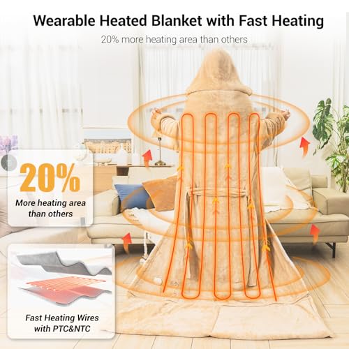 Electric Snuggle Blanket Wearable Heating Blanket with Removable FootPocket,Heated Robe for Women Heated Blanket Hoodie with Sleeves Full Body Heating Throw Shawl with 9 Temp 50"x80" for Women - color: Orange, size: 50"×80"