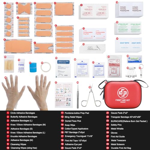 Mini First Aid Kit - 150 Piece Small Waterproof Hard Shell Medical Kit | Compact First Aid Kit with Comprehensive Supplies for Home, Car, Travel, Camping, Truck, Hiking, Sports, Office, Outdoor(Red) - color: Red