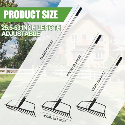 YEELOR Garden Rake, Heavy Duty 16-Tine Bow Rake, Metal | Adjustable Stainless Steel Handle, For Yard Work, Loosening Soil, Leveling Mulch, Gathering Leaves