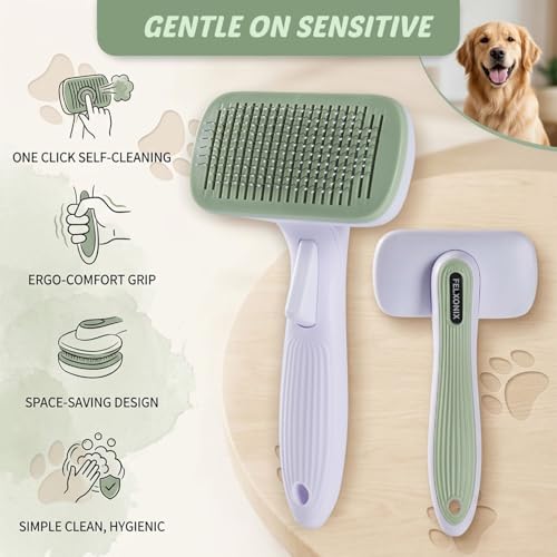Self Cleaning Slicker Brush for Dogs & Cats, Deshedding Dog Brush | Cat Brushes for Indoor Cats, Removes Loose Undercoat, Mats and Tangles, Skin Friendly Grooming for Long and Short Hair - color: White