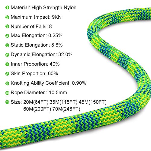 X XBEN 10.5 mm UIAA Dynamic Climbing Rope, Safety Nylon Kernmantle Rope | 60M(200FT) Rope for Rock Climbing, Tree Climbing, Ice Climbing, Rappelling, Rescue - size: Dynamic-60M(200 Foot)