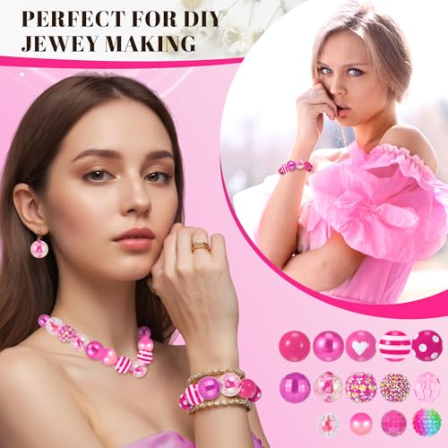 28 Pcs Chunky Bubblegum Beads and 84 Pcs Large Hole Spacer Beads | Total 112 Pcs Beads for Pens, 16/17/20mm Focal Bead for Beadable Pens, Large Beads for Jewelry Making Keychain - color: Rose red