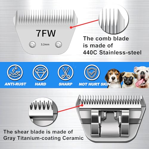 Detachable Pet Clipper Wide Blades Dog Grooming Clipper Replacement Ceramic Blades, Compatible with Andis, Wahl, Oster(Size 7FW,Cut Length 3.2mm) - size: 7FW (3.2mm)