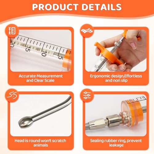 2Pcs Reusable Goat Syringe with 2 Drench Nozzle,Adjustable Dosage Sheep Drench Gun Syringe for Goats,Horse,Piglet,Calf,Dog,Livestock Supplies,20ML+50ML (Orange)