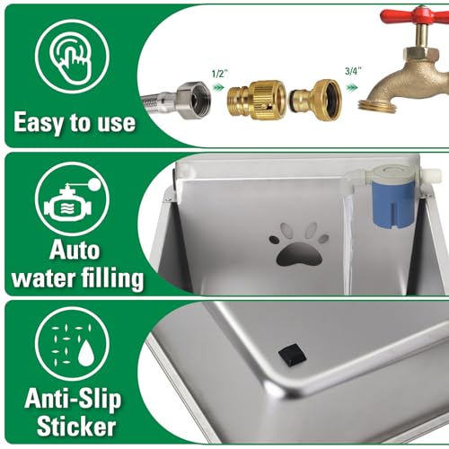 6 Gallons Automatic Animal Water Dispenser X-Large Stainless Steel | Outdoor Waterer Bowl, For Dogs & Chicken, Auto Fill Livestock Water Trough, With 2m Hose, 13.6"x17"x9"