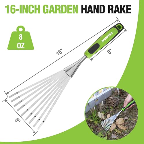 WORKPRO 16" Hand Rake, Garden Rake with Soft Handle | Heavy Duty Stainless Steel Small Garden Hand Tool for Gardening, Cultivating, Loosening Soil & Spreading Mulch, Flower Beds