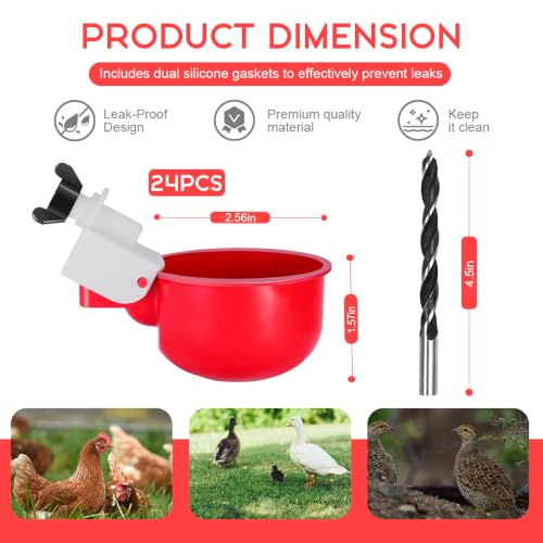 24 Pack Auto Chicken Poultry Waterer Cups Feeder for Diy Chicken Coop Automatic Watering Cup Dispenser Drinker Bebederos De Agua Para Gallinas with Mounting Hole Opener Double Leak-proof Washer - size: 24 Pcs