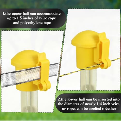 DoubleFill 24 Pcs Electric Fence Insulators and T Post Safety Cap, T Post Safety Topper Black Plastic Insulators for Wood Posts Wire Holding Fencing Garden Farm Highway Sport Fences Supplies (Yellow) - color: Yellow