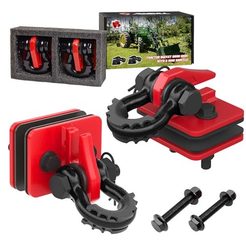Tractor Bucket Grab Hook with 5/8" D-Ring Shackle Combo, Bolt-On Tow Hook and D-Ring Shackle, Matching Backing Plate, Rubber Gaskets & Isolators, 20000LBS Breaking Strength, 2 Set, Red&Black - color: Red&Black