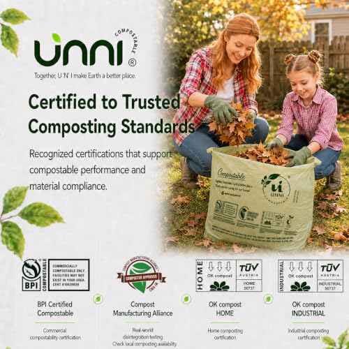 UNNI 30-33 Gallon Compostable Bags, 40 Count, 124 L, Extra Thick 1.1 Mil | Large Compost Bags for Lawn, Leaf & Yard Waste & Kitchen Organics, 2 Packs of 30, Certified by BPI, CMA & OK compost HOME - size: 40 Count (Pack of 1), style: 33 Gallon
