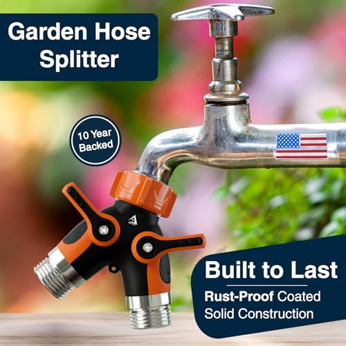 DBR Tech® Hose Splitter 2 Way, Heavy Duty Metal Connector, Two Way Garden Hose Splitter, High Flow Spigot Faucet Bib Adapter, Solid Double Y Shut Off Valve for Outdoor Gardening Hoses, Orange - color: Orange