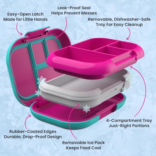 Bentgo Chill Kids 4-Compartment Bento Box Leakproof Lunch Box | Built-In Ice Pack, 3.3 Cup Capacity, BPA-Free, Microwave & Dishwasher Safe Tray, Ideal for Ages 3–7 (Fuchsia/Teal) - color: Fuchsia/Teal