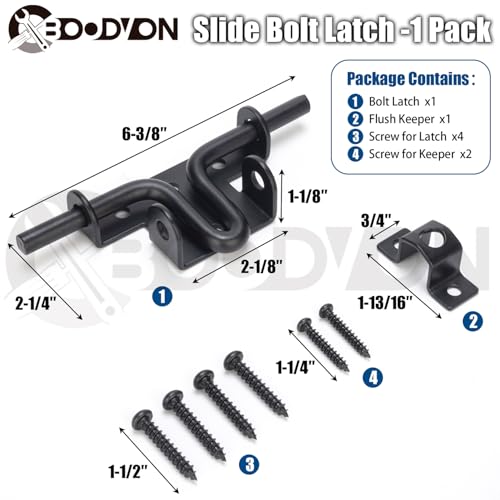 Slide Bolt Gate Latch for Wooden Fence, Sliding Bolt Gate Latch Door Lock Hardware with Padlock Hole, Slide Bolt for Outdoor Gates/Yard Fence/Shed Door/Barn Door, Black, 1 Pack