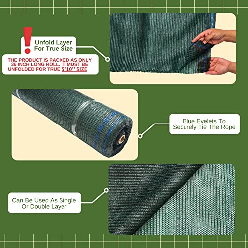 Shade Cloth Roll (5'10"x100 ft - 60% - Green) | Green HDPE UV Resistant Breathable Eyelets Sun Protection for Greenhouse Garden Fence Pergola Patio Flower Plant Kennel - size: 5'10"x100 ft - 60% - Green