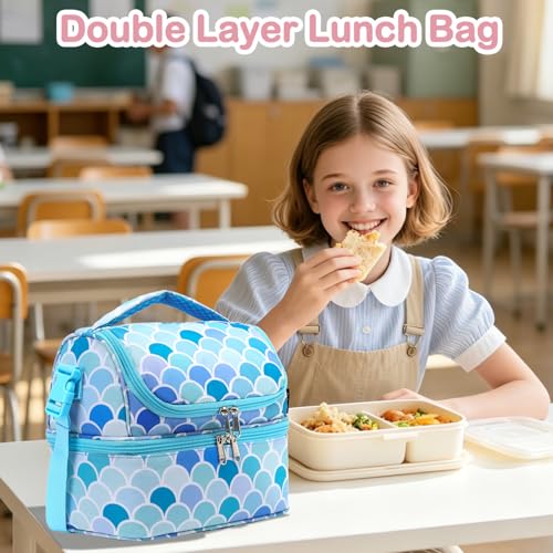 FlowFly Double Decker Cooler Insulated Lunch Bag Large Tote for Boys, Girls, Men, Women, With Adjustable Strap (Mermaid) - color: Mermaid