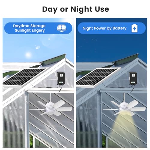 Fanspex 20.5'' Solar Ceiling Fan Light for Outdoor Gazebo Porch | 25W Solar Powered Rechargeable with Battery Backup for Chicken Coop, Greenhouse, Shed & Pet House Cooling or Air Circulation