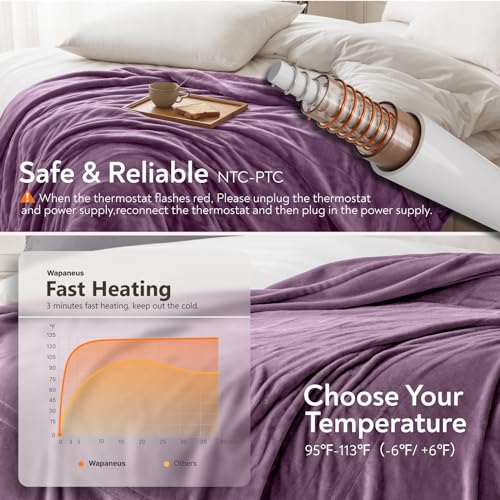 Wapaneus Foot Pocket Heated Blanket Electric Throw with 10 Heating Levels and 4 Timer Settings 4 Hours Auto Shut Off, Flannel Fast-Heating Heated Throw 50" x 60", Machine Washable, Purple - color: Purple, size: 50*60in