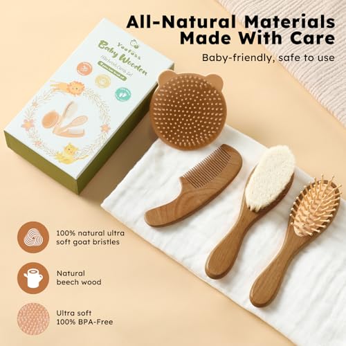 Yoofoss 4 Piece Baby Hair Brush and Comb Set, Wooden Baby Hair Brush with Natural Ultra Soft Goat Hair, Baby Comb Set for Boy, Girl - Walnut - color: Walnut