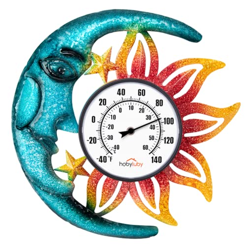 Indoor Outdoor Thermometer, Sun-Moon Wall-Mounted Thermometer | No Batteries Required, Decorative for Patio, Living Room, Garden Greenhouse, Wine Cellar - style: Sun-Moon-Shape