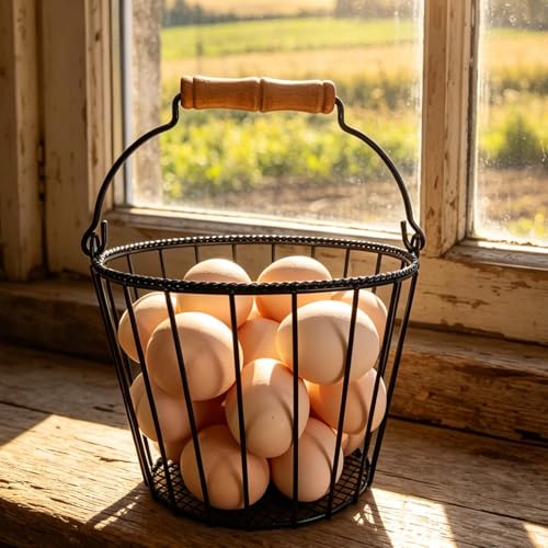 Metal Wire Egg Basket for Gathering Fresh Eggs,Round Egg Collection Basket | TAIANLE Black Farmhouse Egg Collecting Basket for Fresh Egg with Handle,Chicken Egg Holder Kitchen Countertop,Easter Egg Hunt