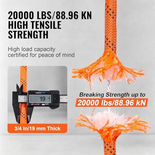 VEVOR Double Braided Polyester Rope, 3/4 in x 220 ft, 24 Strands, 20000 LBS Breaking Strength Outdoor Climbing Rope, Arborist Rigging Rope for Rock Hiking Camping Swing Rappelling Rescue, Orange/Black - size: 3/4 Inch x 220 FT, style: Polyester