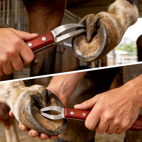 Hoof Knife with Sharpener Double-Ended Farrier Hoof Trimmer with Wooden Handle for Horses, Cows & Farm Livestock
