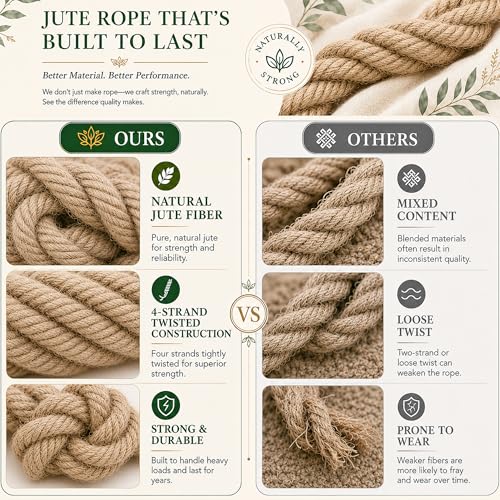 Natural Jute Hemp Rope (2 Inch x 50 Feet) Heavy Duty Manila Rope for Docks, Railings, Landscaping, Tug of War, Decorating - size: 2 Inch x 50 Feet