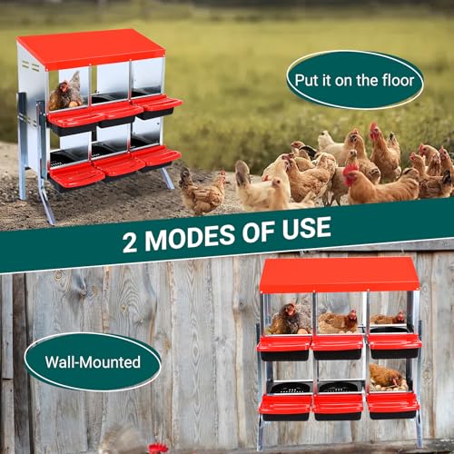 Garvee Chicken Nesting Boxes, 6 Hole Metal Chicken Laying Box with Removable Trays for Chicken Coop, Red, with Metal Legs - color: red, size: 6 grids with legs