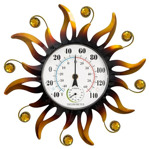 13" Sun Outdoor Thermometer Hygrometer, Metal Wall-Mounted Thermometer | Waterproof Decor for Patio, Garden, Garage & Indoor, Outdoor Thermometers Humidity Gauge, Easy-to-Read No Battery Needed Gift - color: Golden yellow, size: 13 INCH
