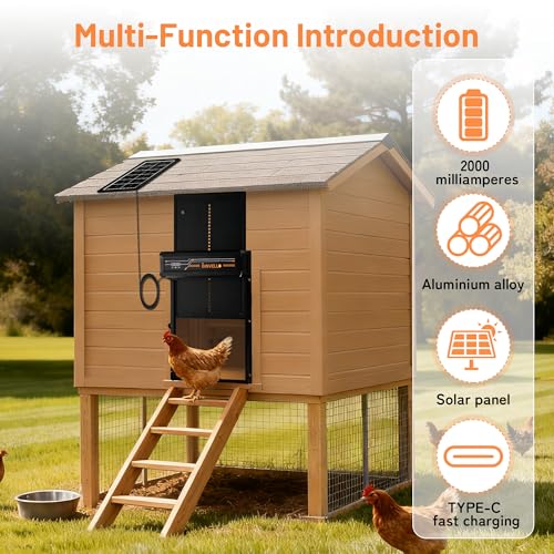 Automatic Chicken Coop Door Solar Powered with Remote Control Setup & LCD Screen, Anti-Pinch Chicken Door, Aluminum Auto Poultry Door with Timer & Light Sensor