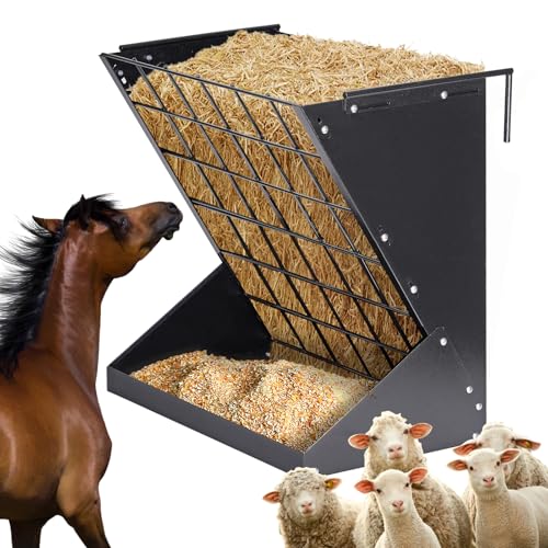 Hay Feeder for Goats 25 Gallon Horse Hay Rack for Sheep | Wall Mount 2 in 1 Hay and Grain Feeder, Hanging, Adjustable, Durable Metal Material, No Waste Design, Easy to Install