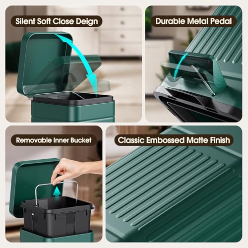 CEROELDA Small Trash Can with Lid-5L/1.3 Gal,Stainless Steel Outdoor Dog Poop Garbage Can-Farmhouse Retro Metal Waste Bin w/Step Pedal for Bathroom Bedroom Office-Soft Close-Green - color: Green