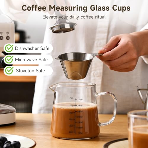 4-Pack 12oz Espresso Measuring Cups with 2 Cleaning Sponges, Heat-Resistant Glass Coffee Pitcher, Espresso Shot Glasses, Milk Frothing Pitcher, Creamer Container, Microwave/Dishwasher/Stovetop Safe