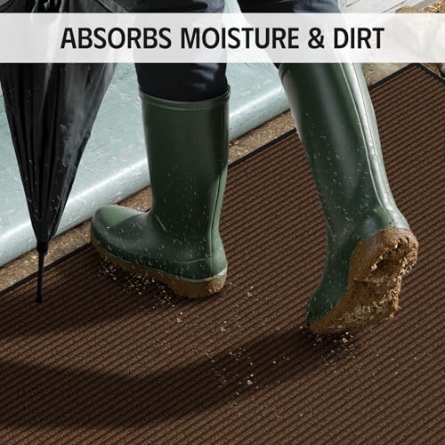 Front Door Mat 3' x 5', Dirt Trapper Dog Door Mat for Mud Wet Shoes & Paws, Low Profile Heavy Duty Indoor Outdoor Mats, Absorbent and Fade Resistant, Non-Slip Commercial Floor Mat, Brown - color: Brown Striped, size: 3' x 5'