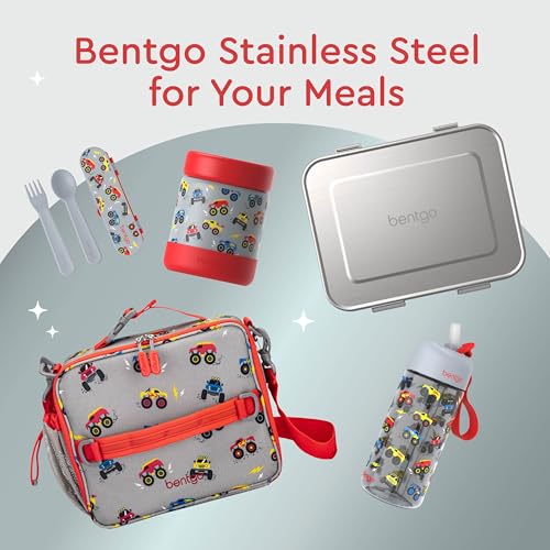 Bentgo Kids Stainless Steel Leak-Proof Food Jar for Hot or Cold Food | 11 fl oz Double Insulated Container with Removable Silicone Bumper, Dishwasher Safe, Easy Open Lid, Ages 3+ (Trucks) - color: Trucks