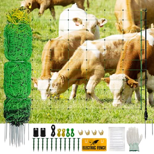 Electric Fence Netting, 35.43" H ×164 L' Portable Livestock Fencing for Sheep, Cattle, Net Fencing Kit with 14 Posts Double Spiked, Movable Poultry Netting for Backyards, Homesteaders, Farms Ranches - size: 164 * 35.43