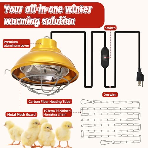 Dual Watt Heat Lamp for Chickens, Carbon Fiber Bulb (175/350W) | Chicken Coop Heater, 2 Temperature Adjustable, Hanging Heat Lamp for Chicks, Pets and Poultry