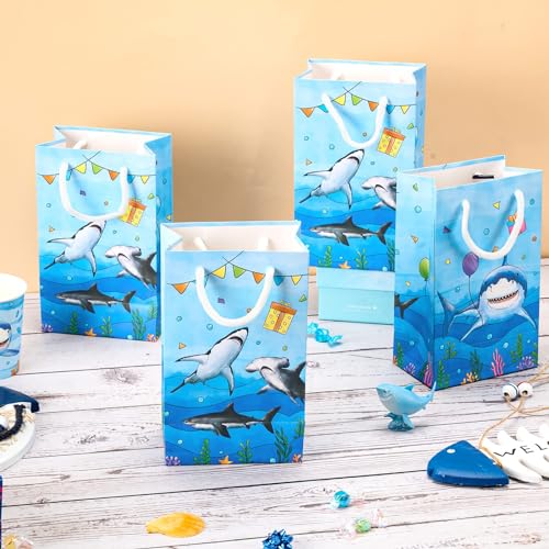WERNNSAI 16 PCS Blue Shark Party Favor Bags Shark Goodie Bags | Shark Birthday Party Gift Bags with Handles, Under The Sea Ocean Party Supplies, Goodie Bags for Kids Boys Baby Shower - color: Blue Shark B